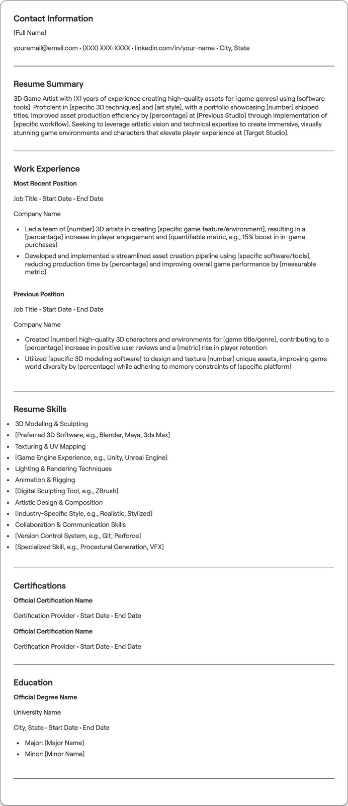 3D Game Artist resume example