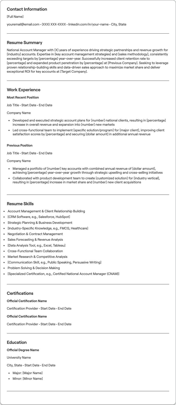 National Account Manager resume example