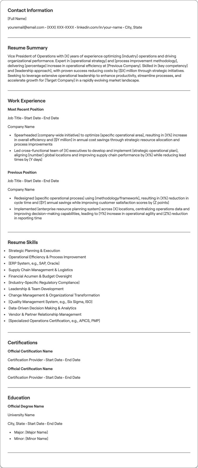 Vice President of Operations resume example