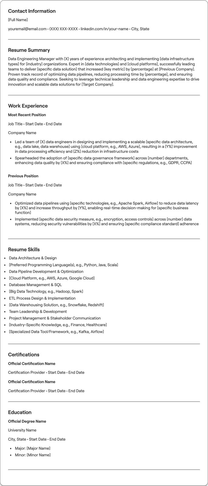 Data Engineering Manager resume example