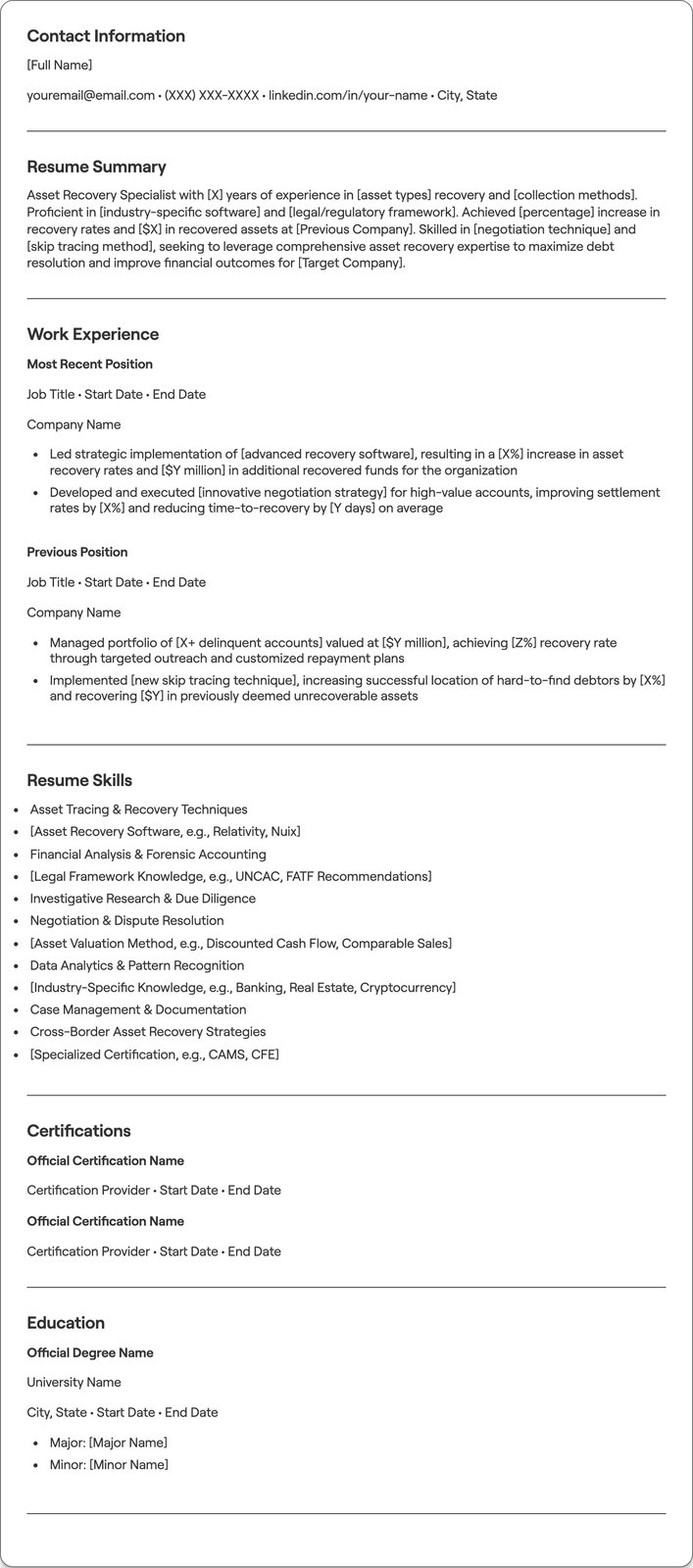 Asset Recovery Specialist resume example