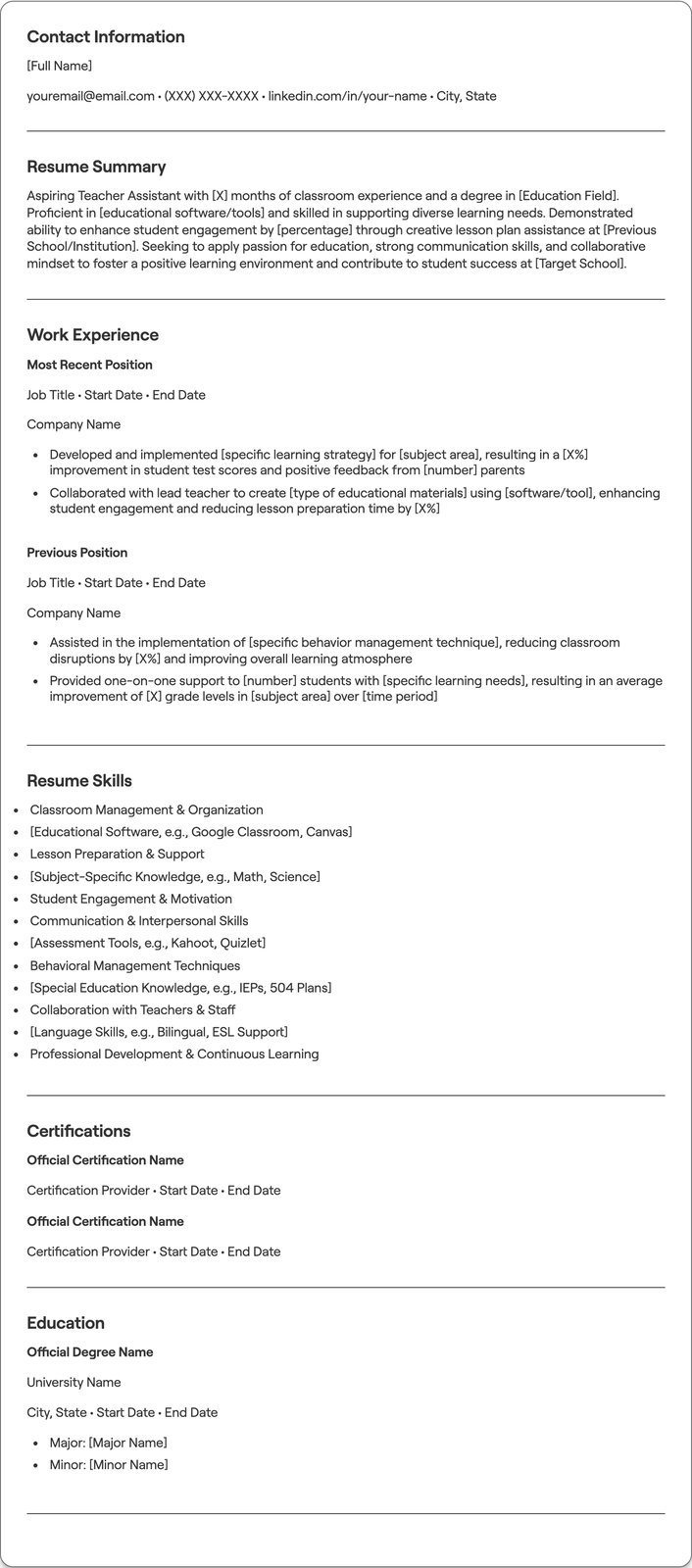 Beginner Teacher Assistant resume example