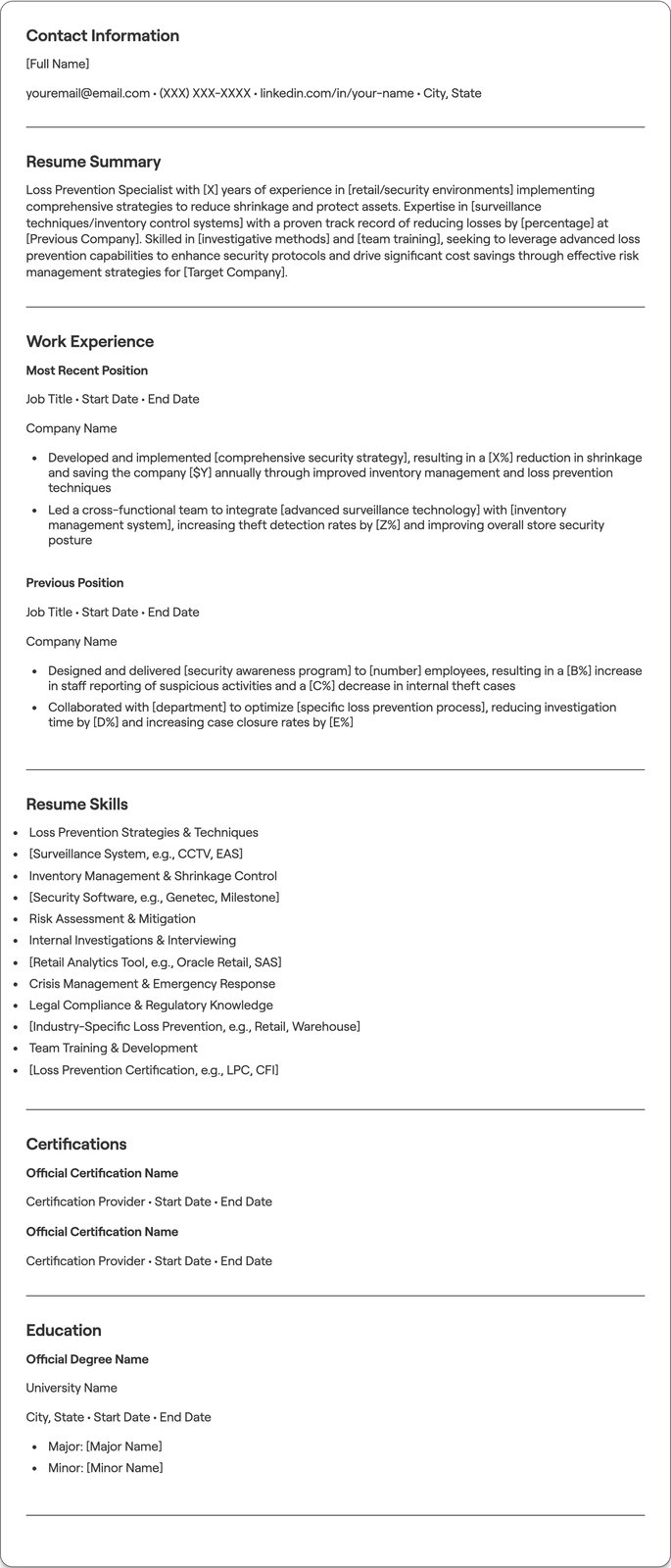 Loss Preventation Specialist resume example