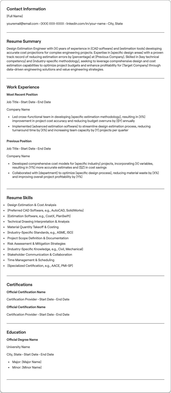 Design Estimation Engineer resume example