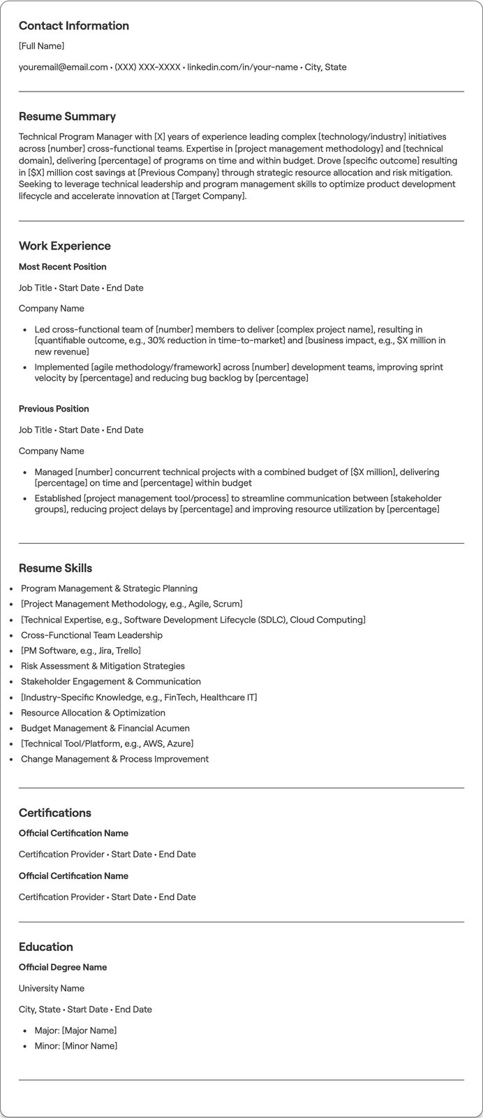 Technical Program Manager resume example
