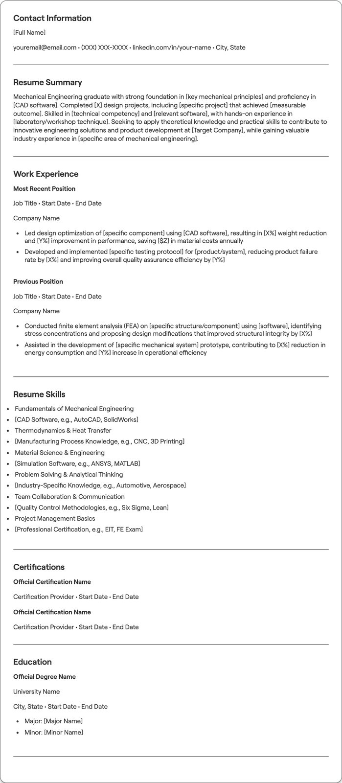 Fresher Mechanical Engineer resume example