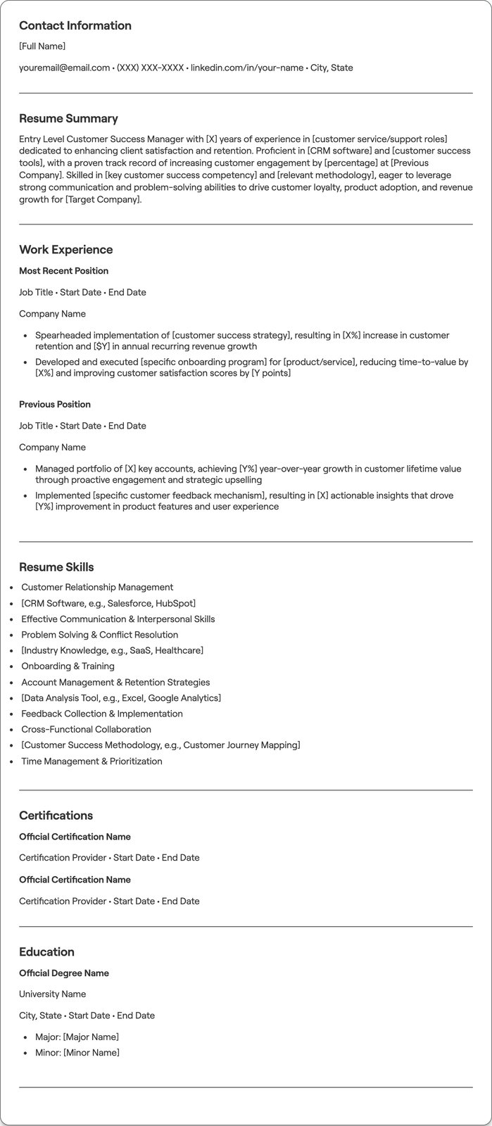 Entry Level Customer Success Manager resume example