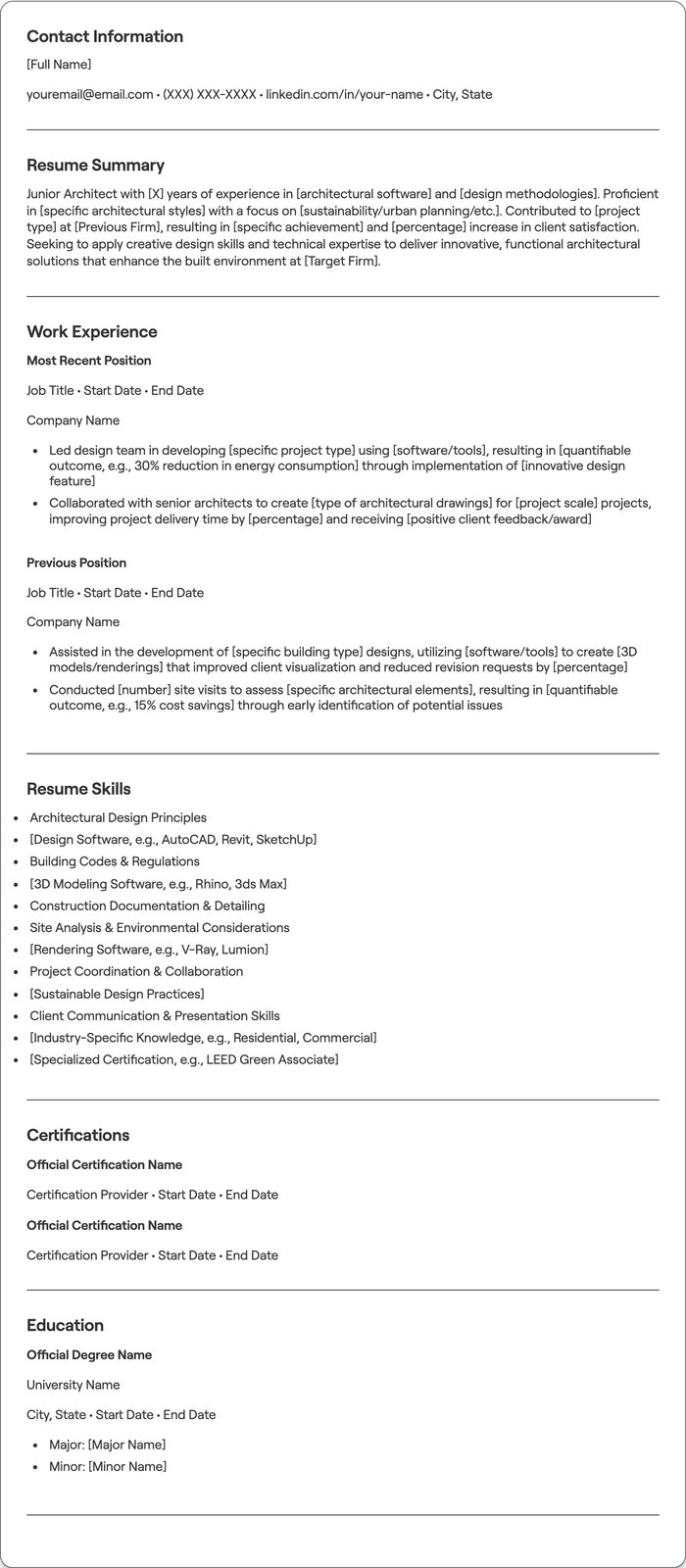 Junior Architect resume example