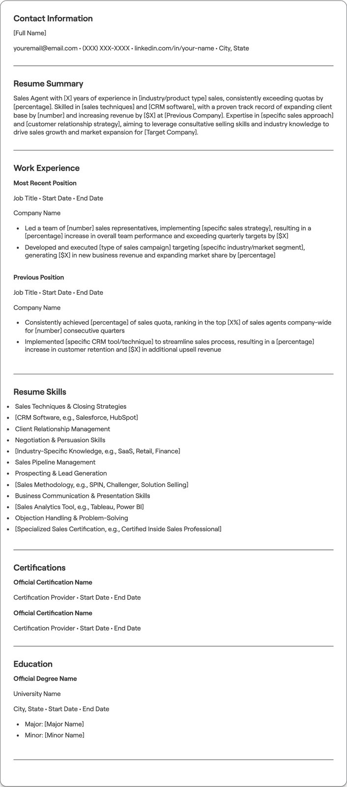 Sales Agent resume example