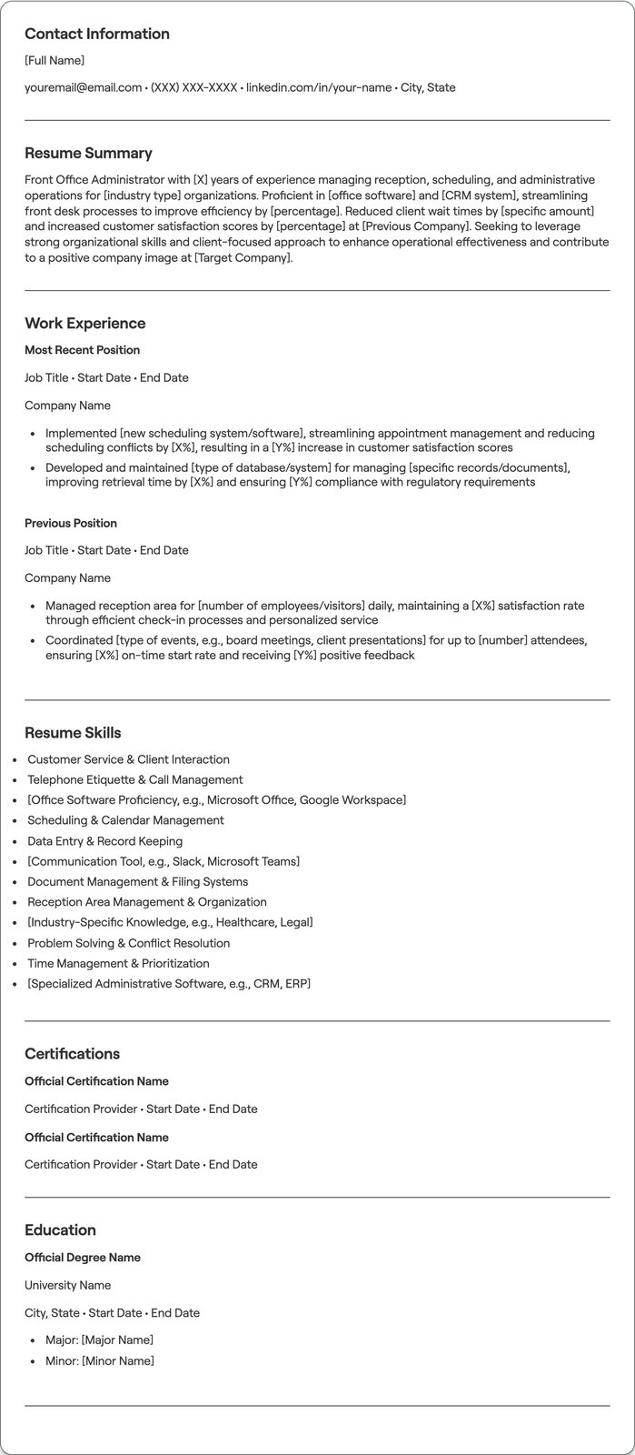Front Office Administrator resume example
