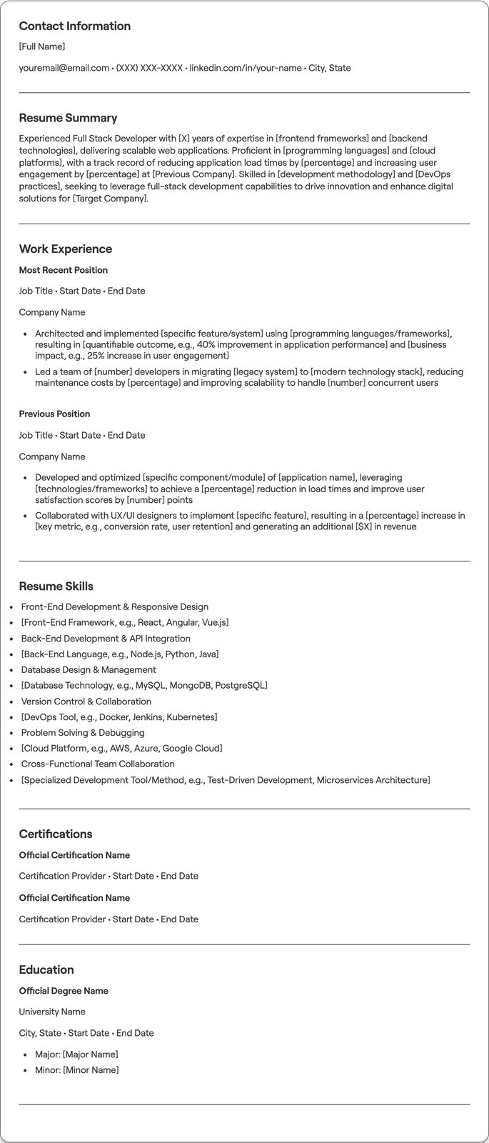 Experienced Full Stack Developer resume example