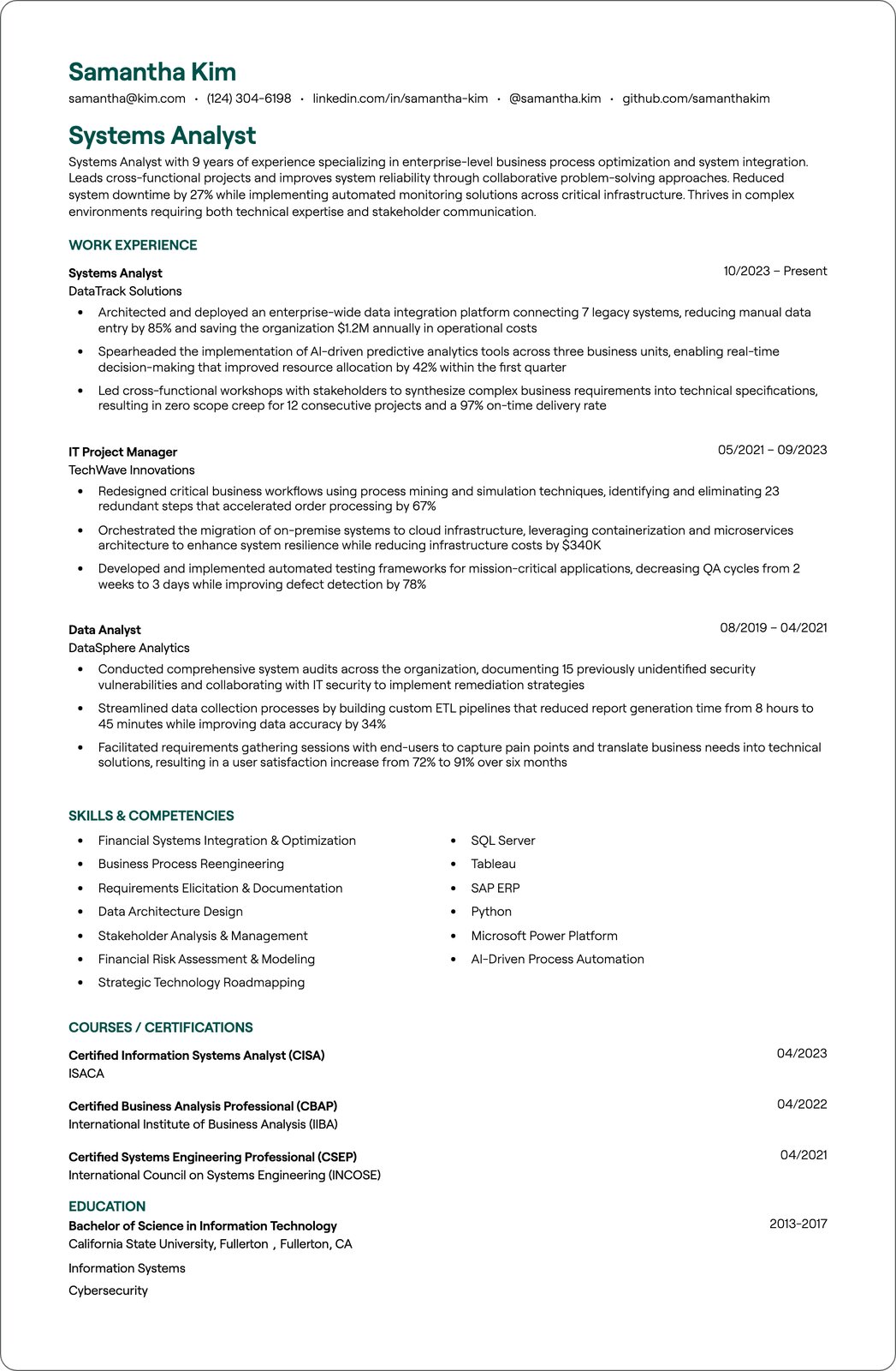Network Systems Analyst resume example
