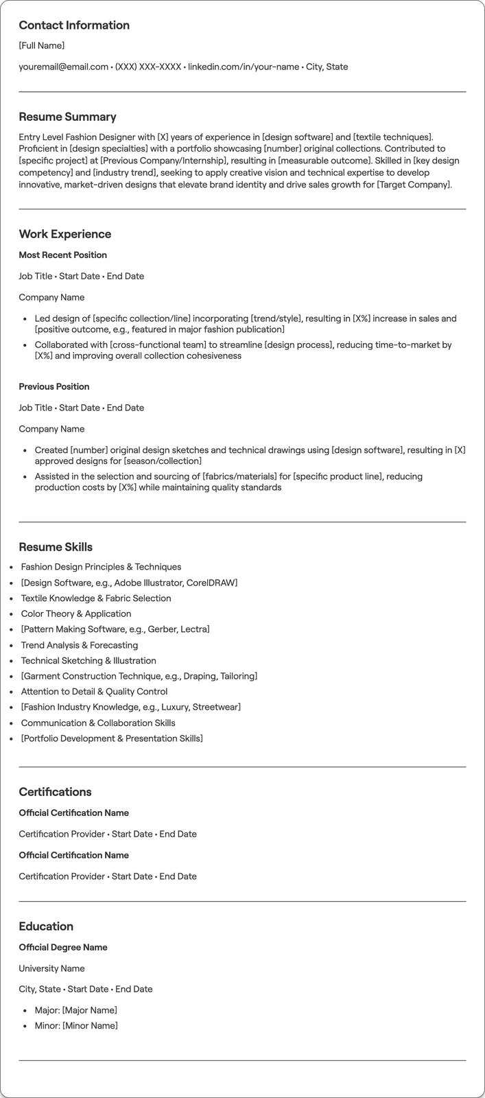 Entry Level Fashion Designer resume example
