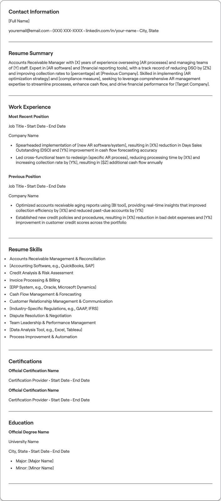 Accounts Receivable Manager resume example