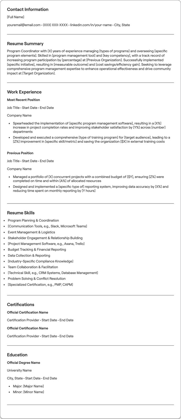Program Coordinator resume example
