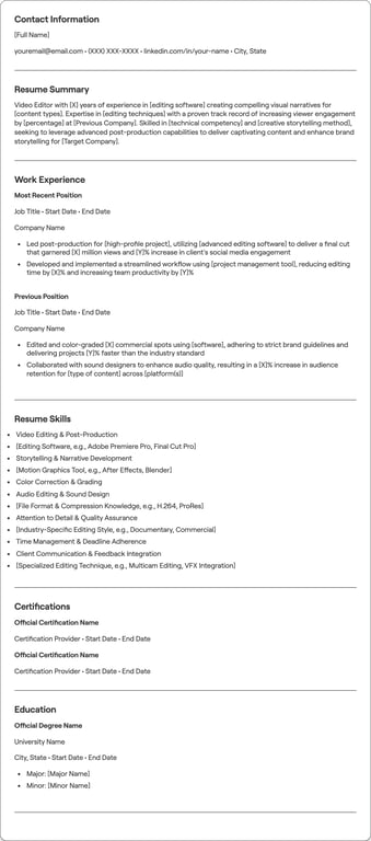 Video Editor resume example