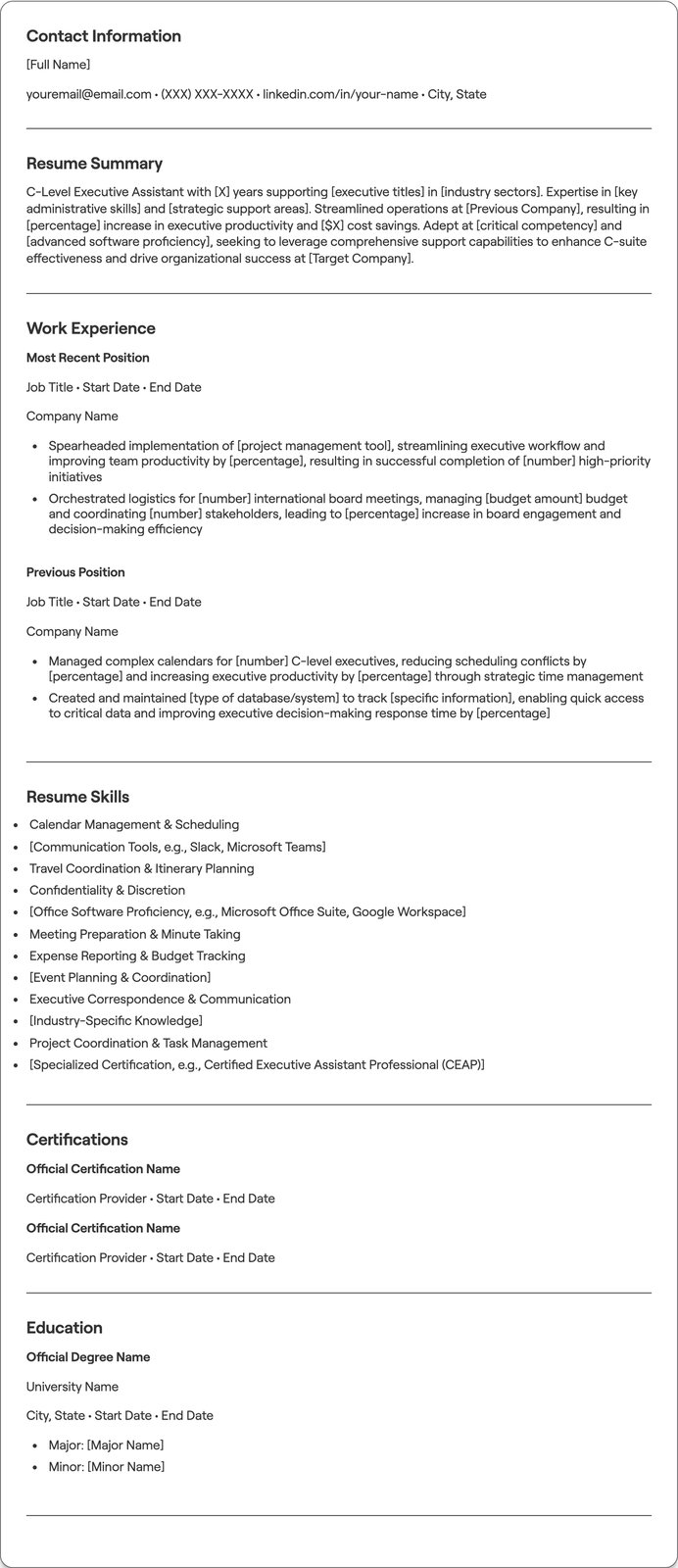 C-Level Executive Assistant resume example