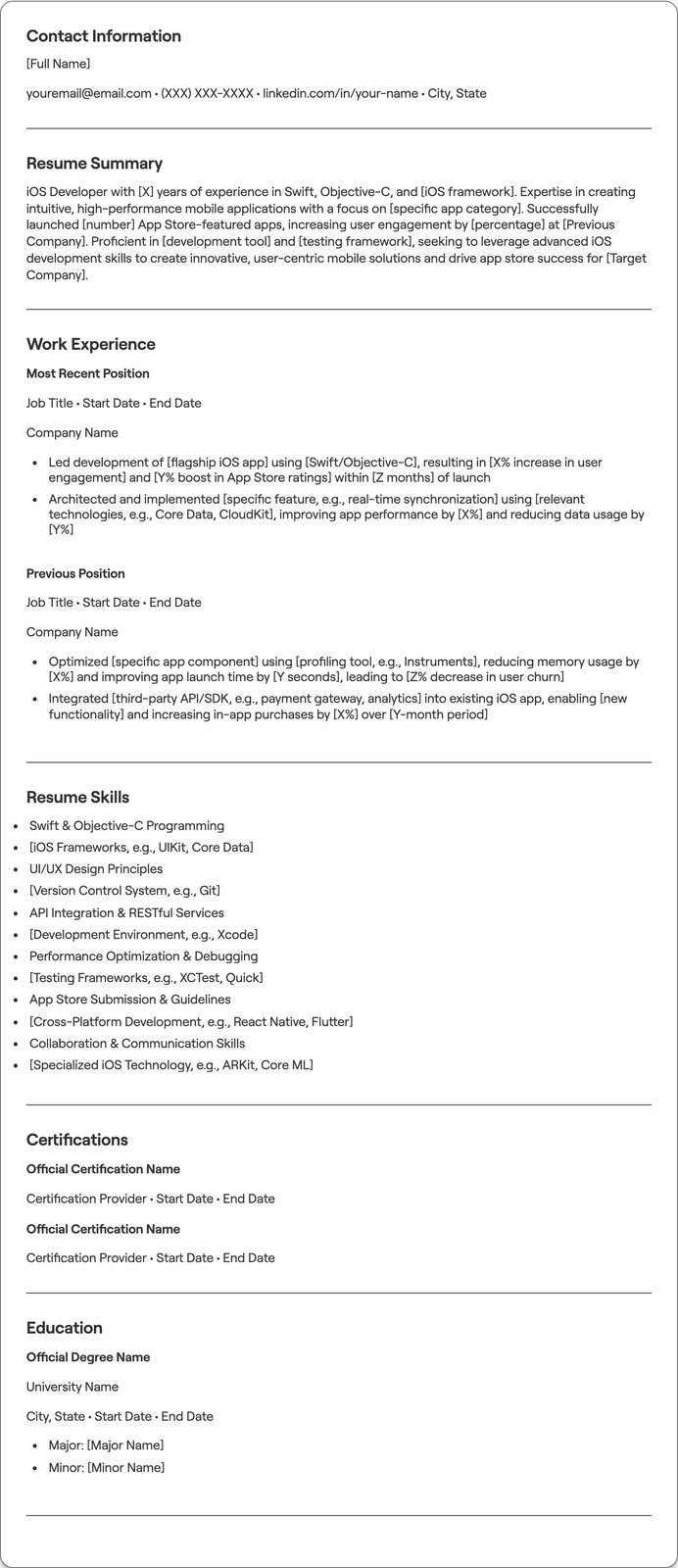 iOS Developer resume example