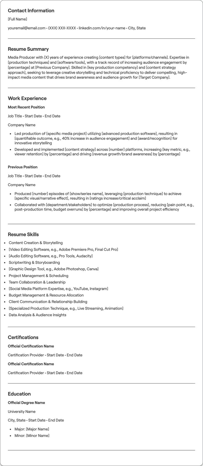 Media Producer resume example