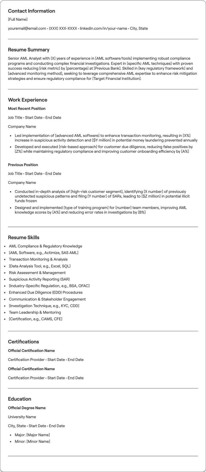 Senior AML Analyst resume example