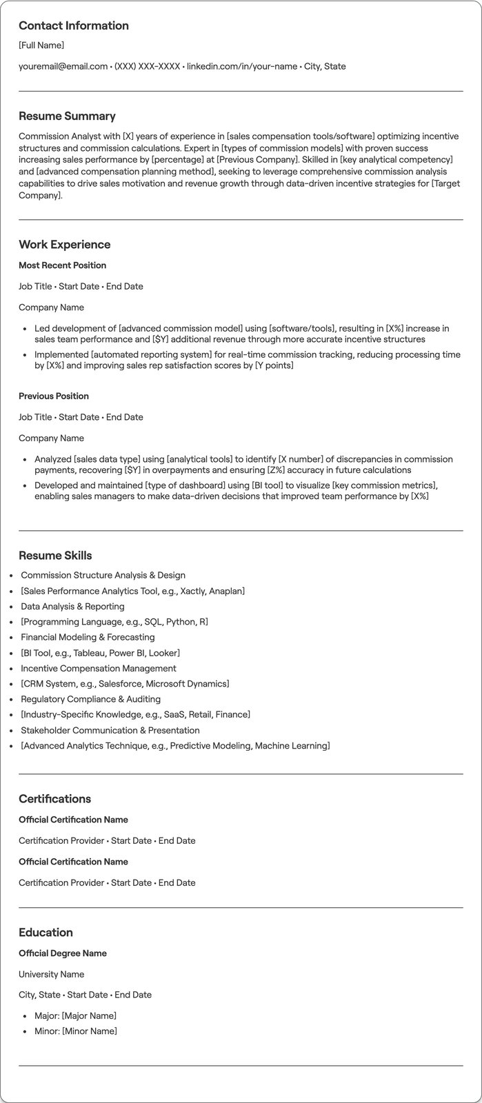 Commission Analyst resume example