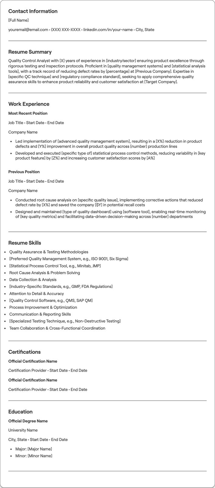 Quality Control Analyst resume example
