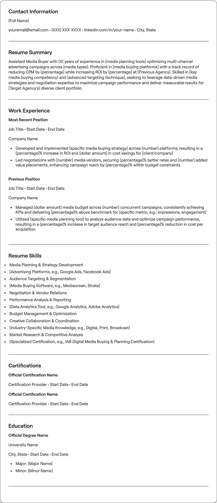 Assistant Media Buyer resume example