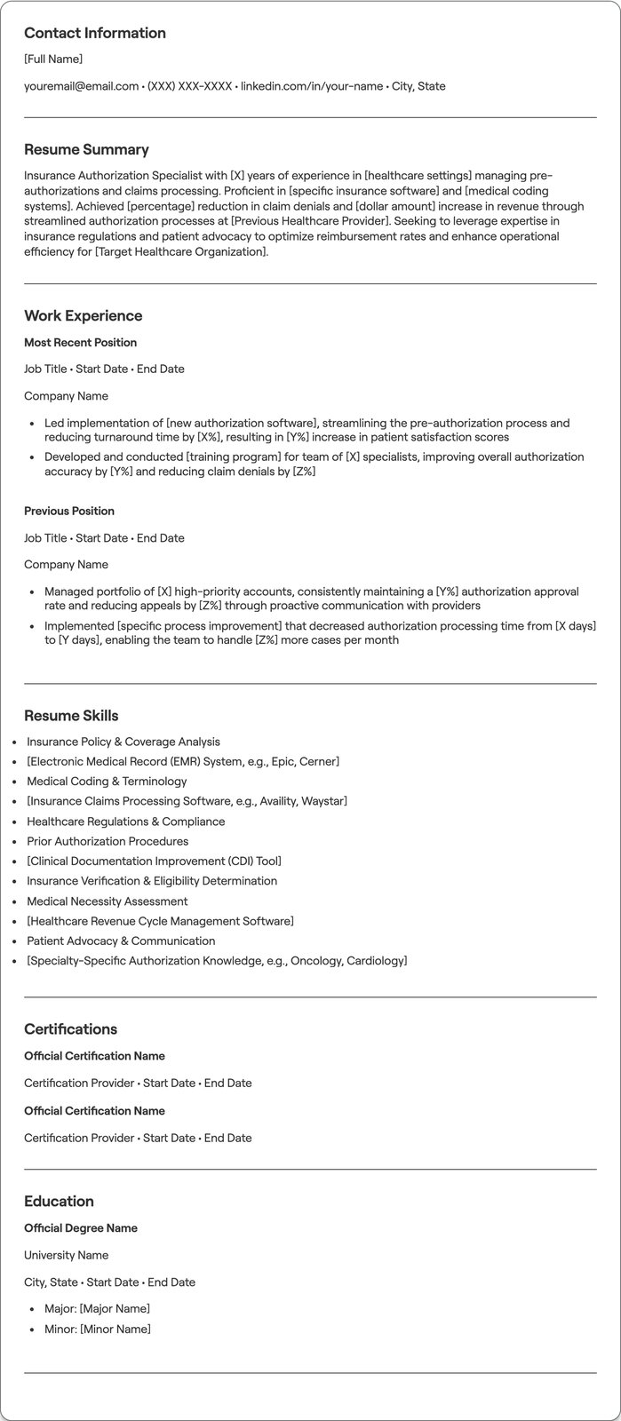 Insurance Authorization Specialist resume example