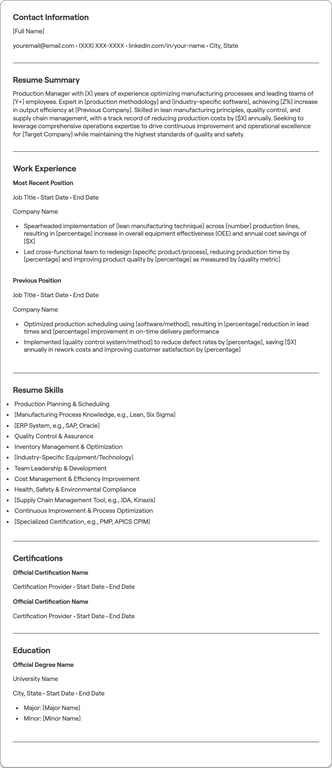Production Manager resume example