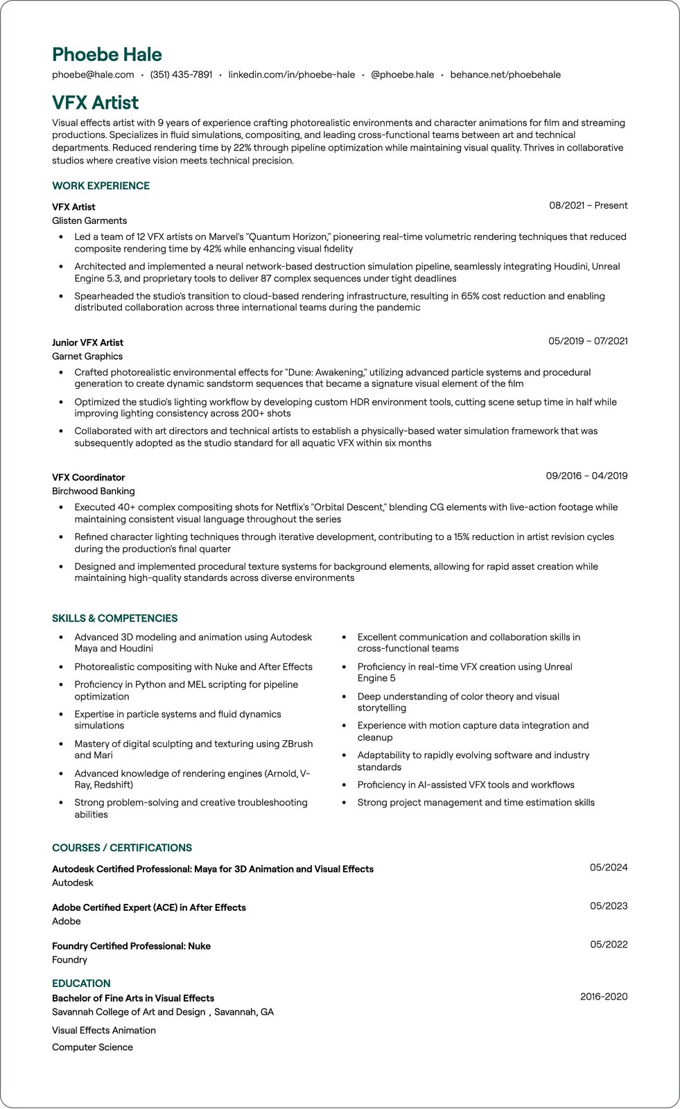 Senior VFX Artist resume example