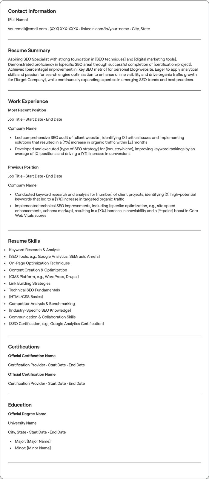 Fresher SEO resume example