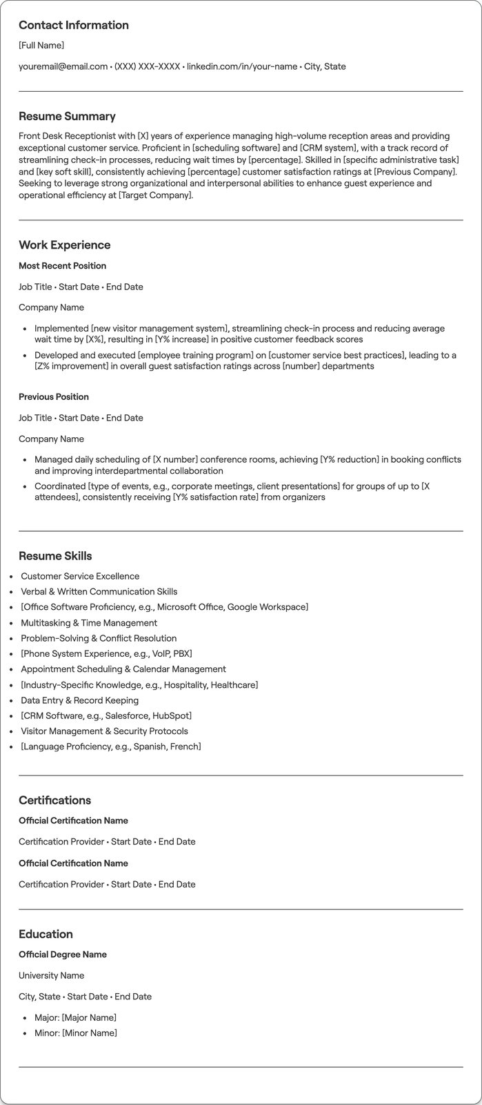 Front Desk Receptionist resume example