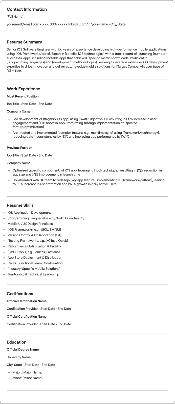 Senior iOS Software Engineer resume example