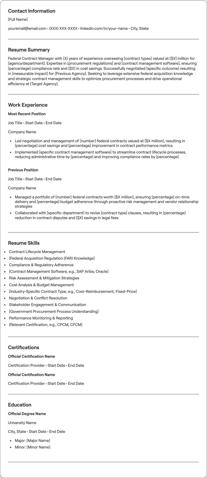 Federal Contract Manager resume example