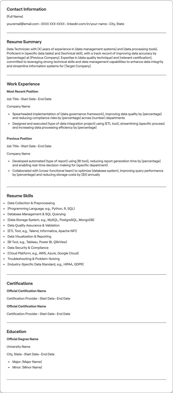 Data Technician resume example