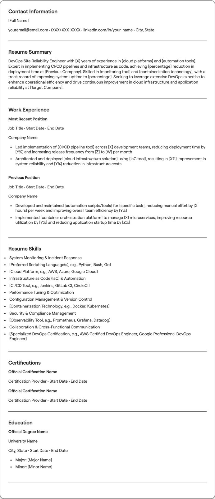 DevOps Site Reliability Engineer resume example