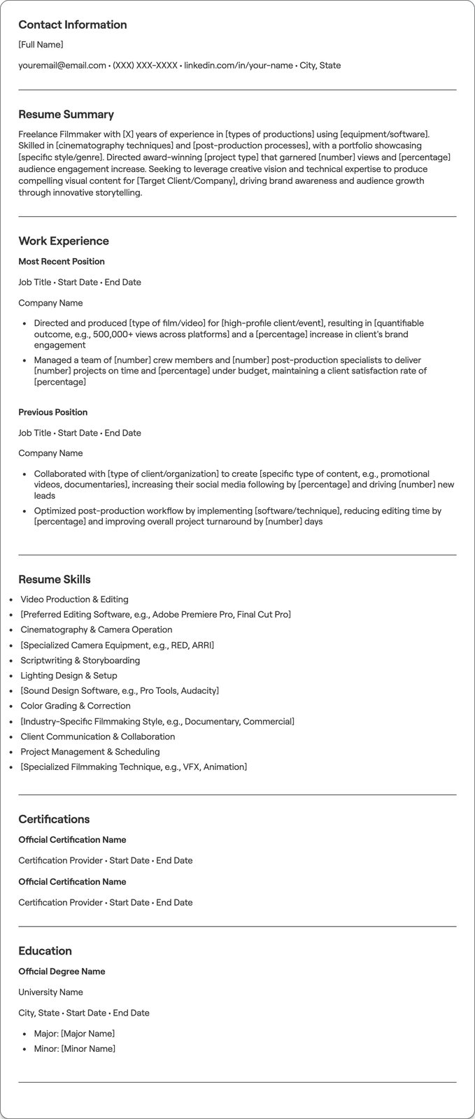 Freelance Filmmaker resume example