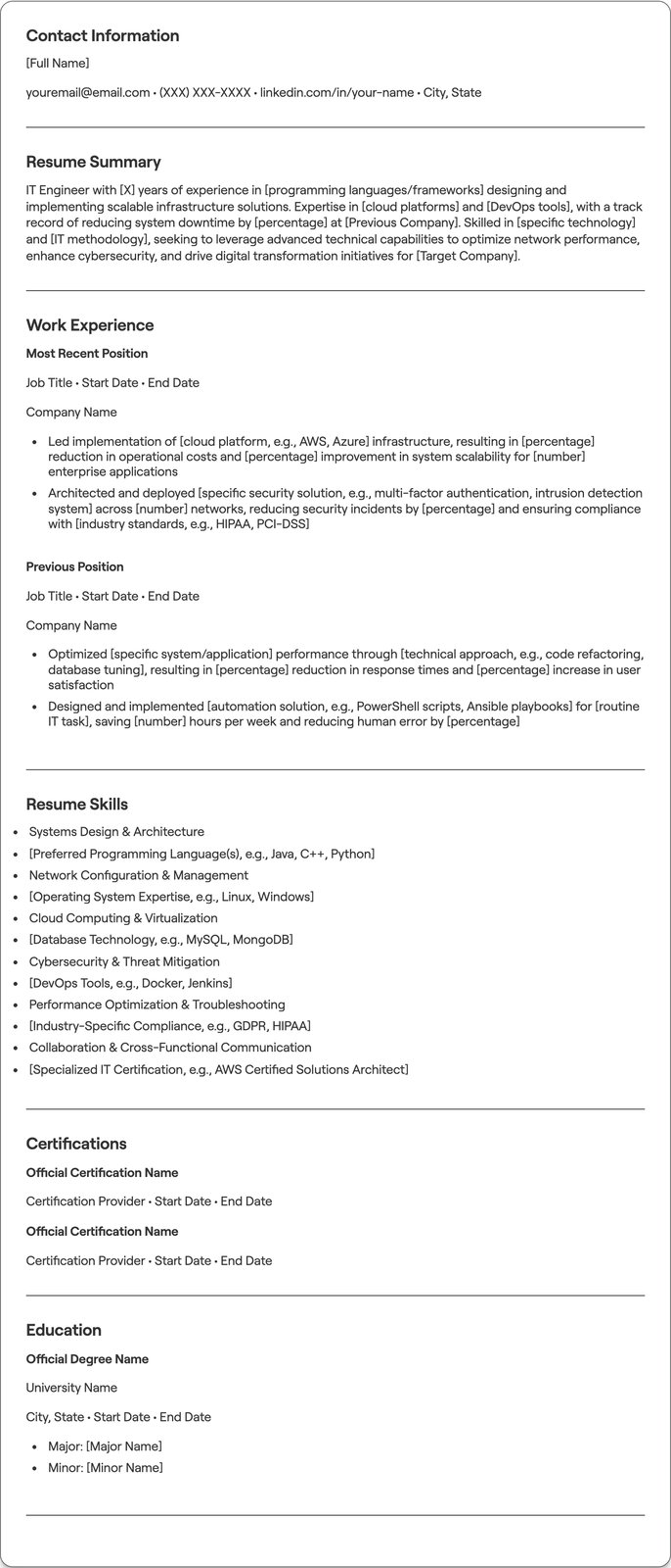 IT Engineering resume example