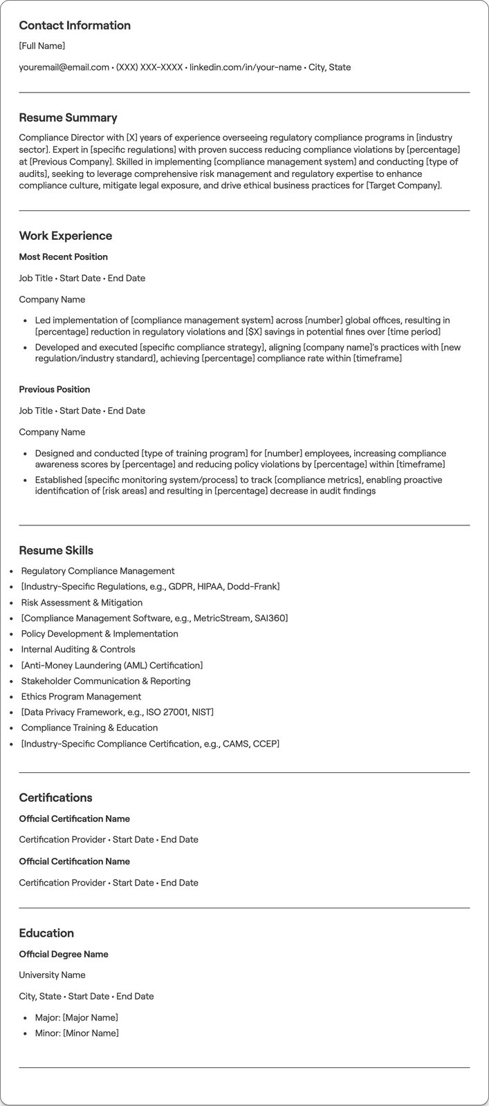 Compliance Director resume example