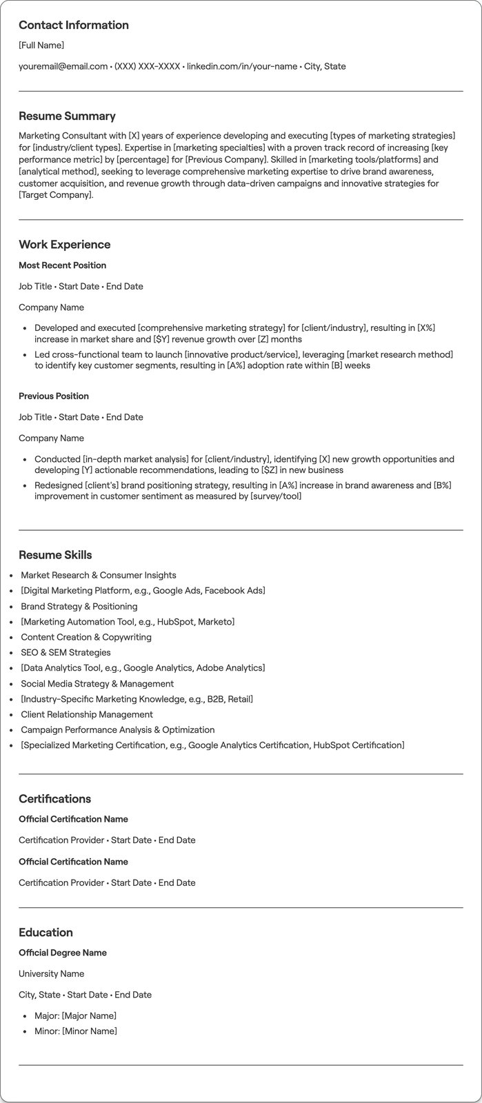 Marketing Consultant resume example