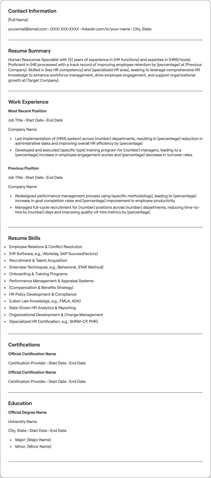 Human Resources Specialist resume example