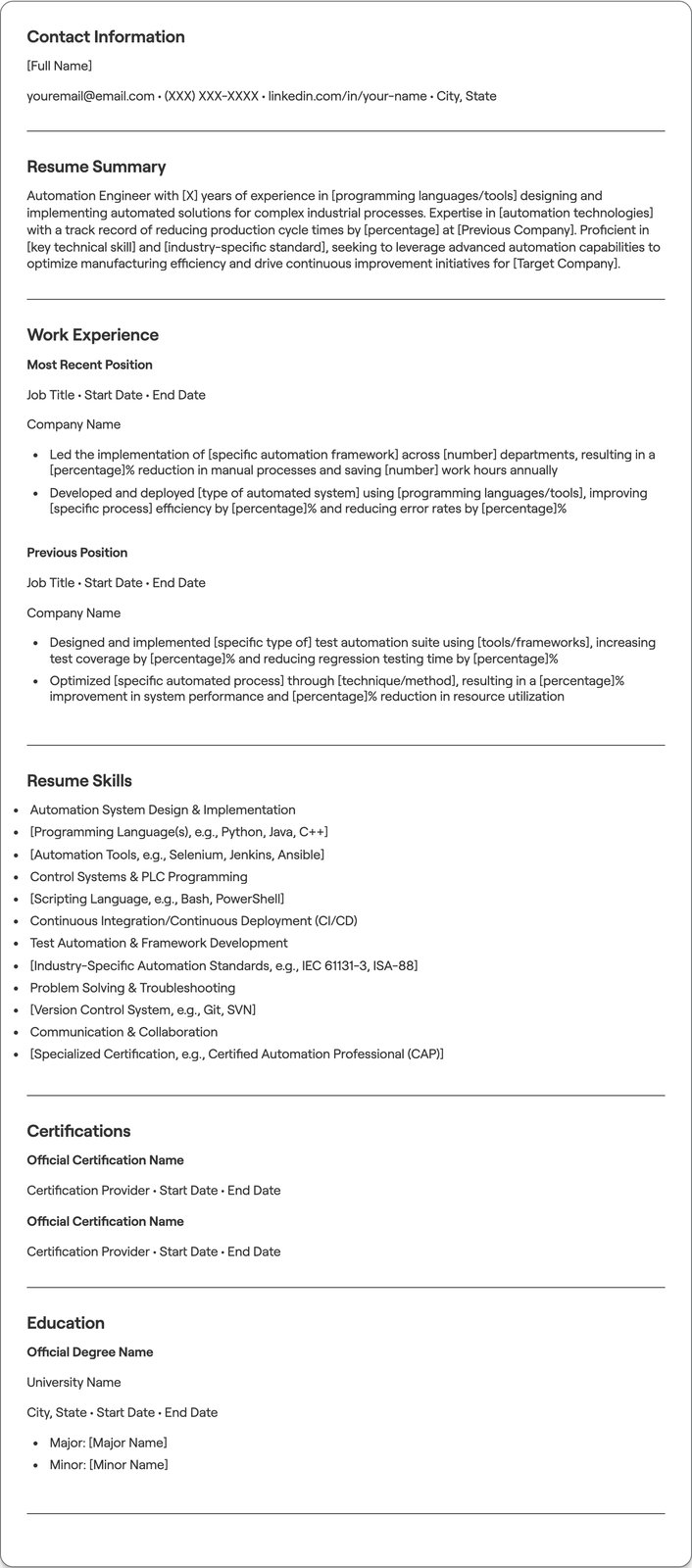 Automation Engineer resume example