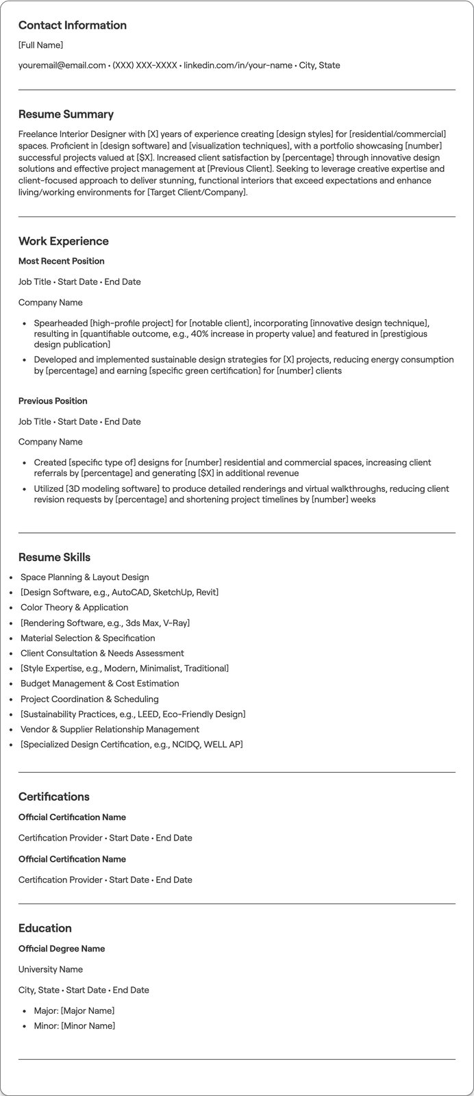 Freelance Interior Designer resume example