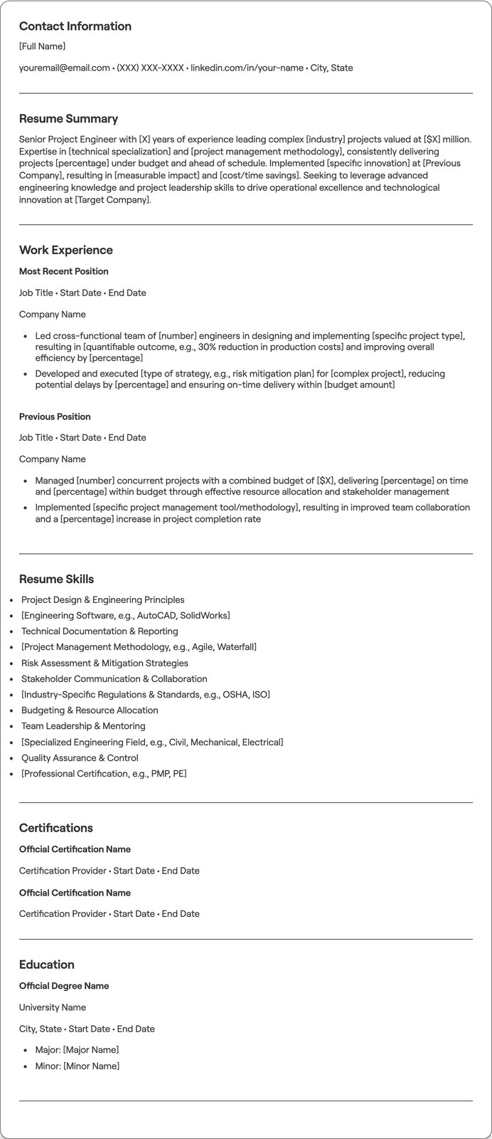 Senior Project Engineer resume example