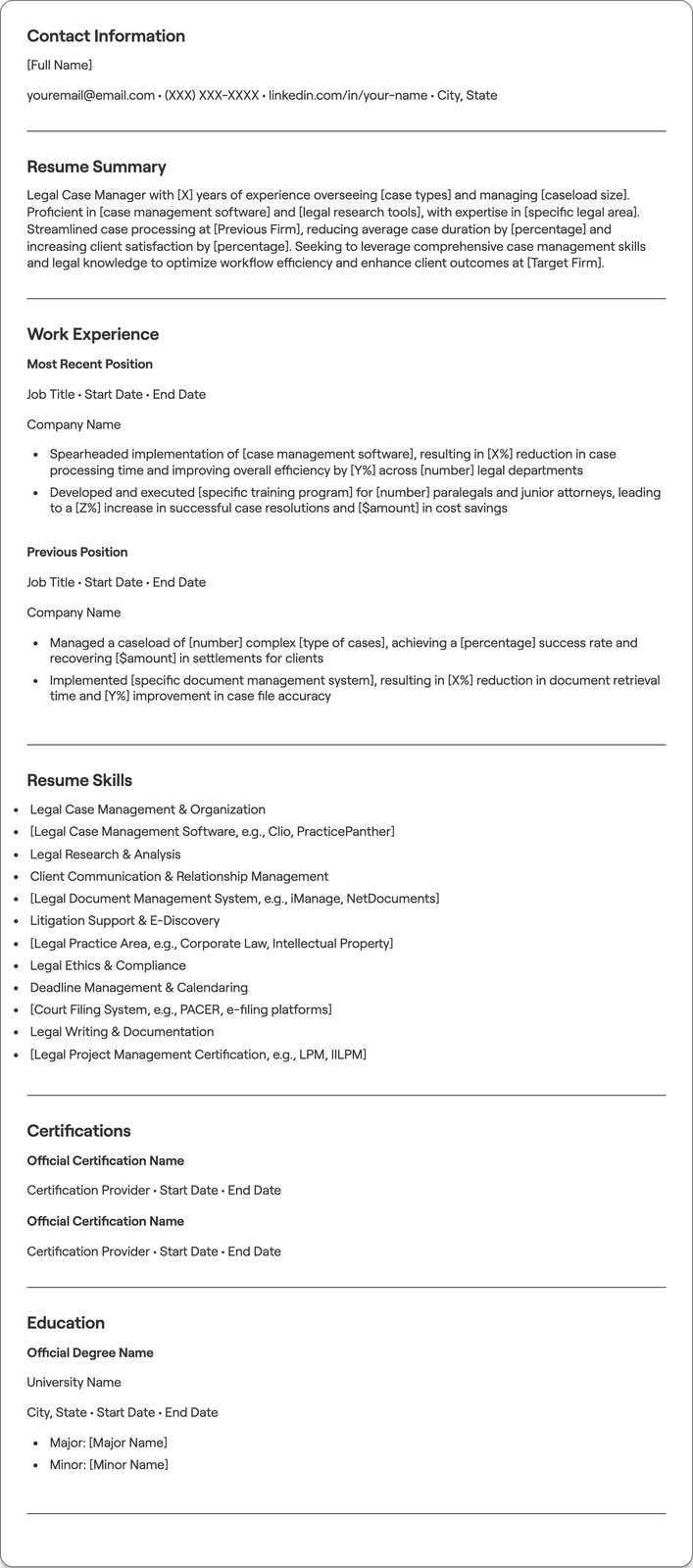 Legal Case Manager resume example