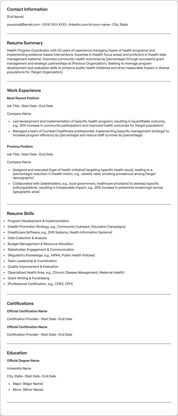 Health Program Coordinator resume example