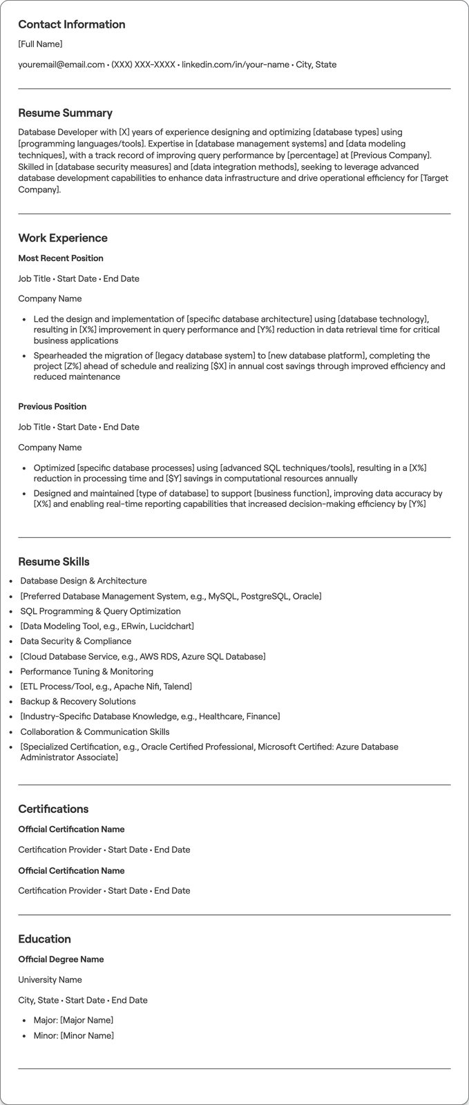 Database Developer resume example