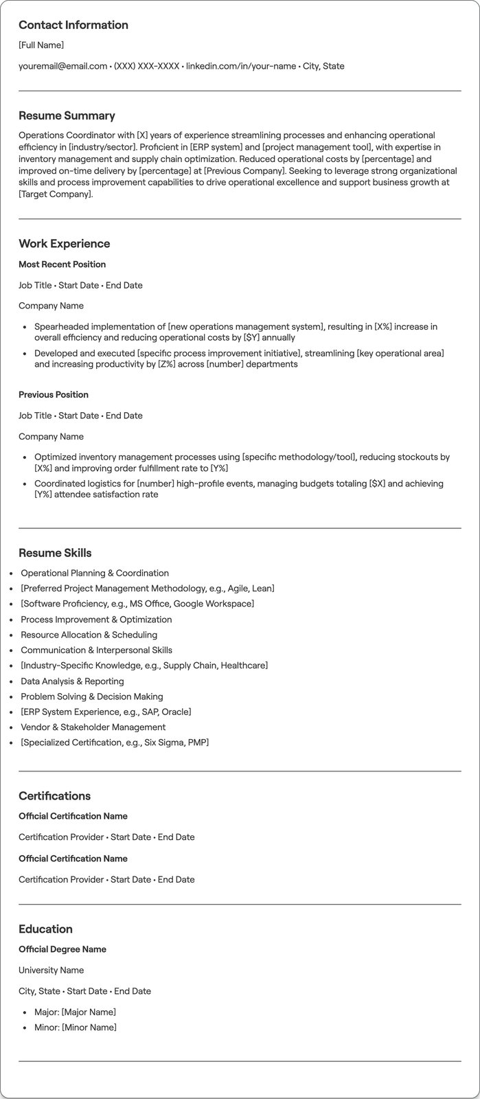 Operations Coordinator resume example