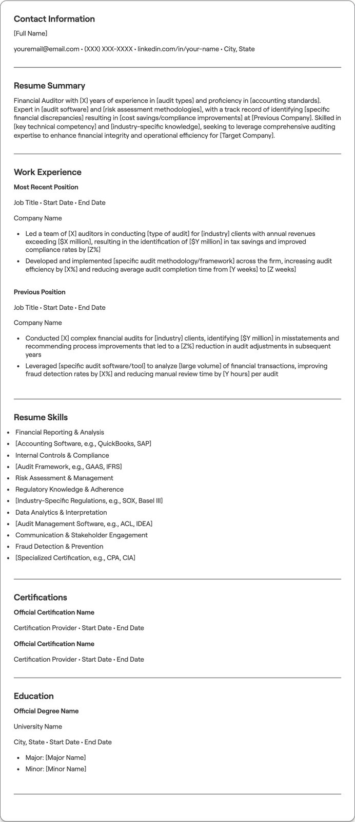 Financial Auditor resume example