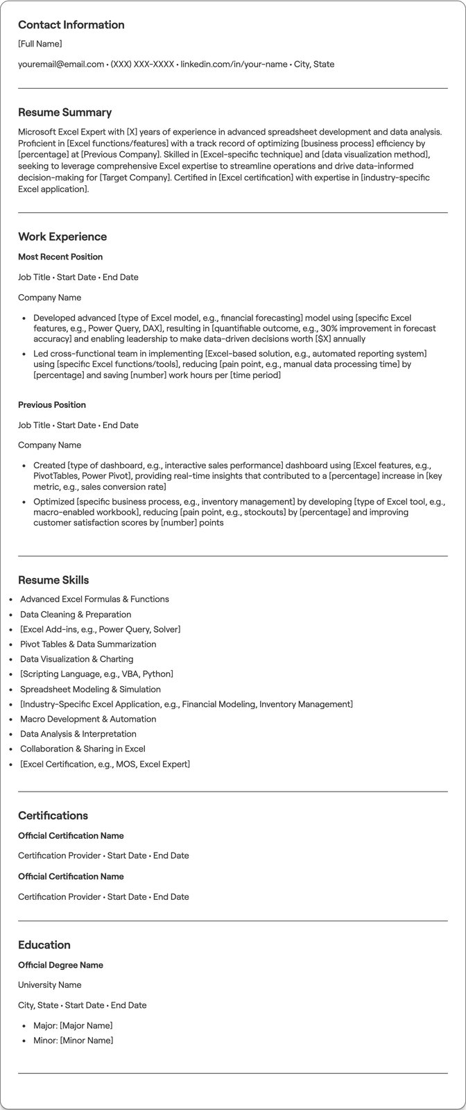 Microsoft Excel Expert resume example